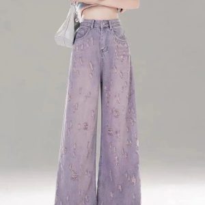 Vintage Lilac Distressed Wide-Leg Jeans for Y2K Fashion Outfits