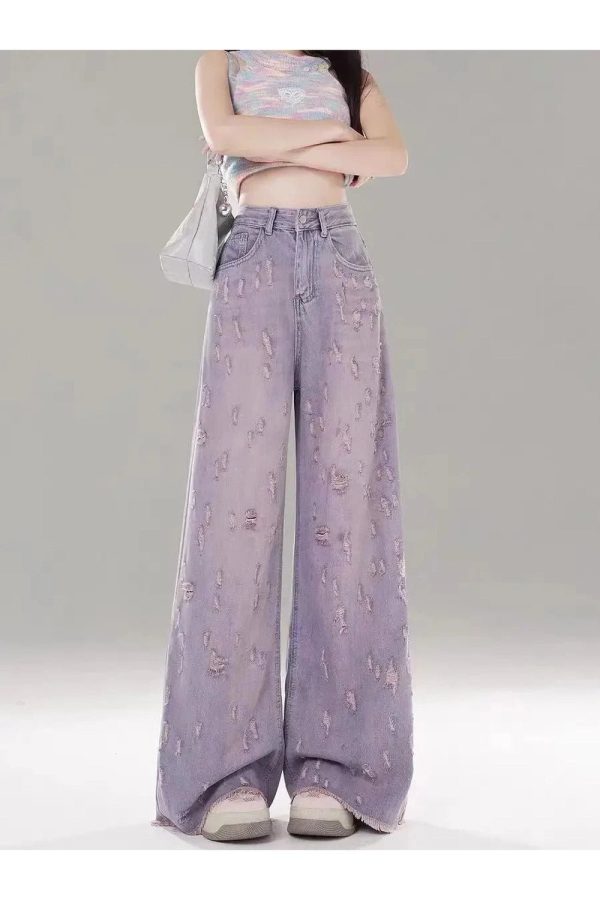 Vintage Lilac Distressed Wide-Leg Jeans for Y2K Fashion Outfits