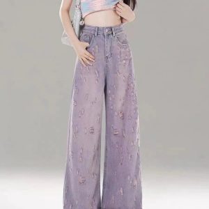 Vintage Lilac Distressed Wide-Leg Jeans for Y2K Fashion Outfits