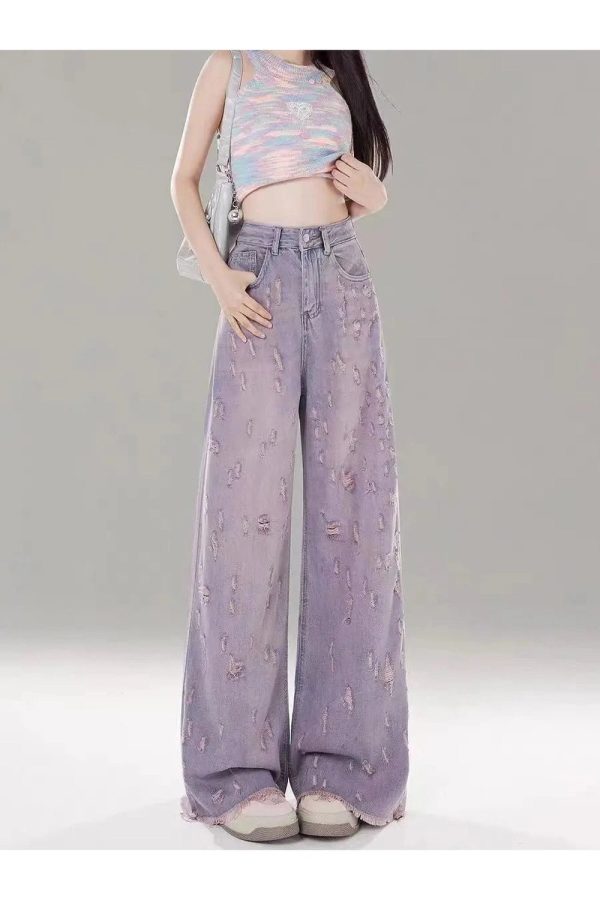 Vintage Lilac Distressed Wide-Leg Jeans for Y2K Fashion Outfits