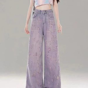 Vintage Lilac Distressed Wide-Leg Jeans for Y2K Fashion Outfits