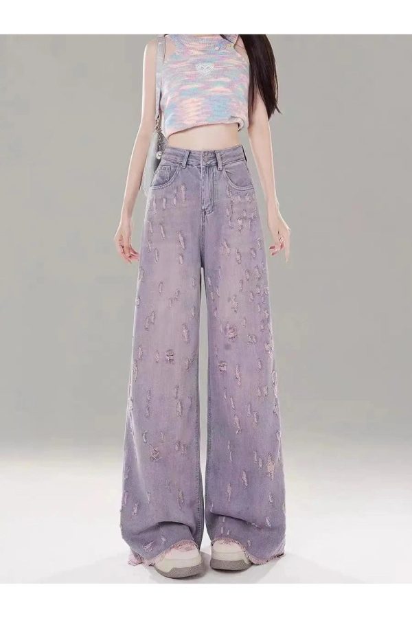 Vintage Lilac Distressed Wide-Leg Jeans for Y2K Fashion Outfits