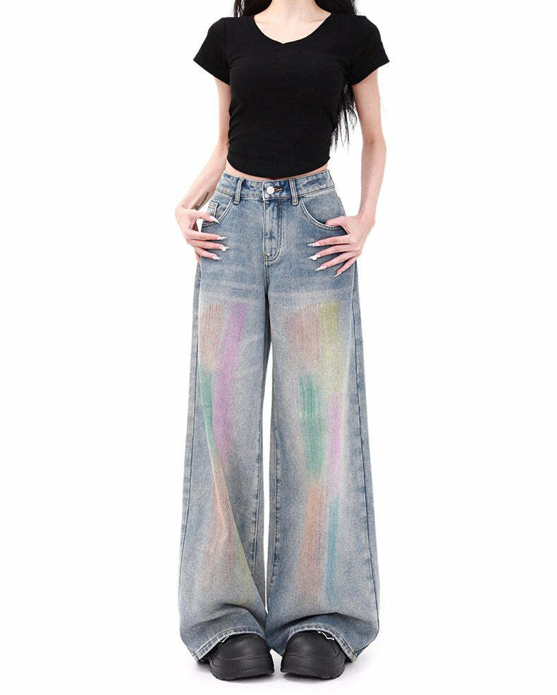 Vintage Style Brush Strokes Jeans - Iconic Y2K Fashion Outfits for Women