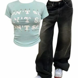 Vintage Washed Baggy Jeans + Studded Graphic Baby Top | Y2K 2000s Fashion