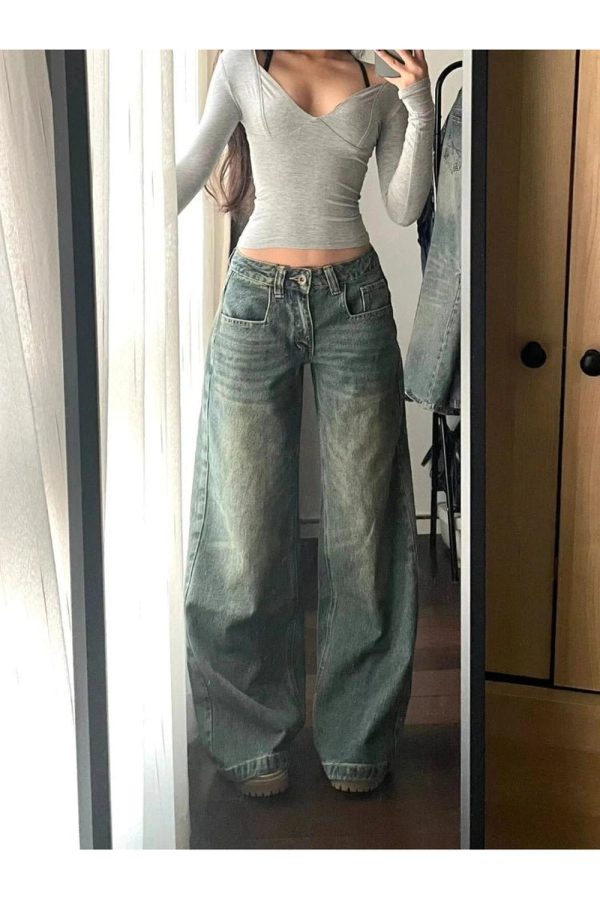 Vintage Washed Wide-Leg Jeans for Y2K Fashion, 2000s Style Outfits