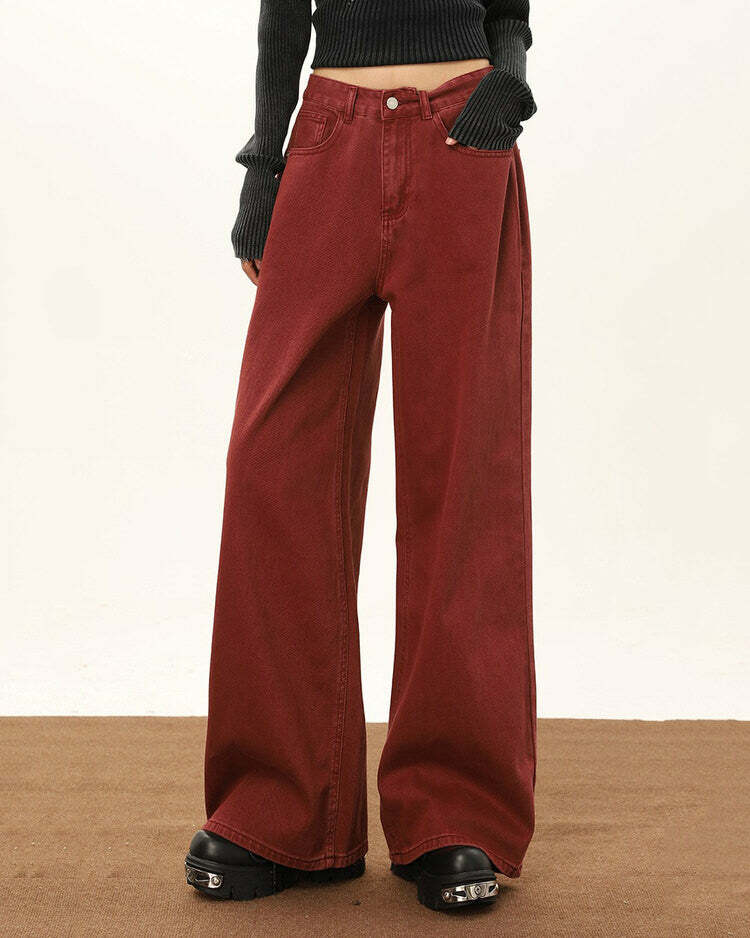 Wine Red Wide-Leg Jeans - Trendy 2000s Fashion Outfit for Y2K Style