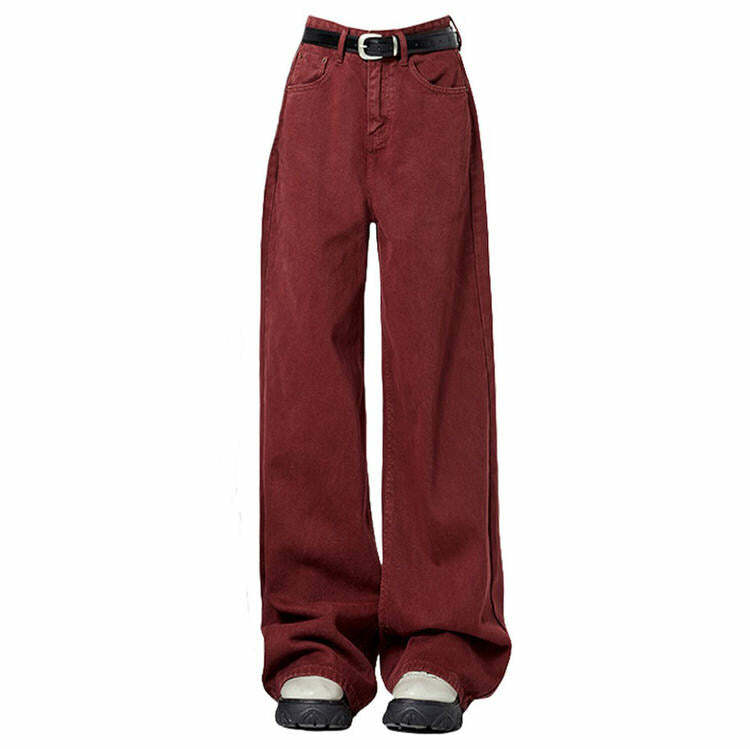 Wine Red Wide-Leg Jeans - Trendy 2000s Fashion Outfit for Y2K Style