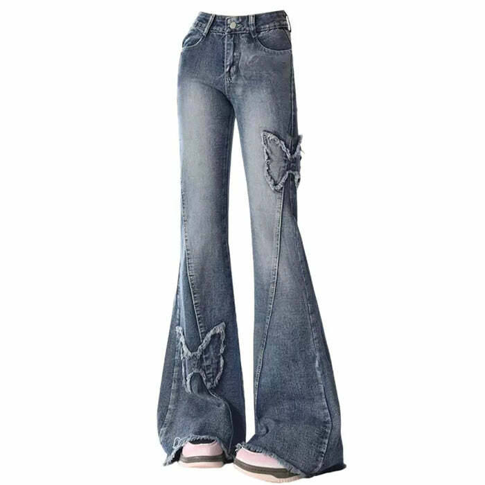 Y2K Butterfly Flare Jeans - Iconic 2000s Fashion Outfits for Trendy Women