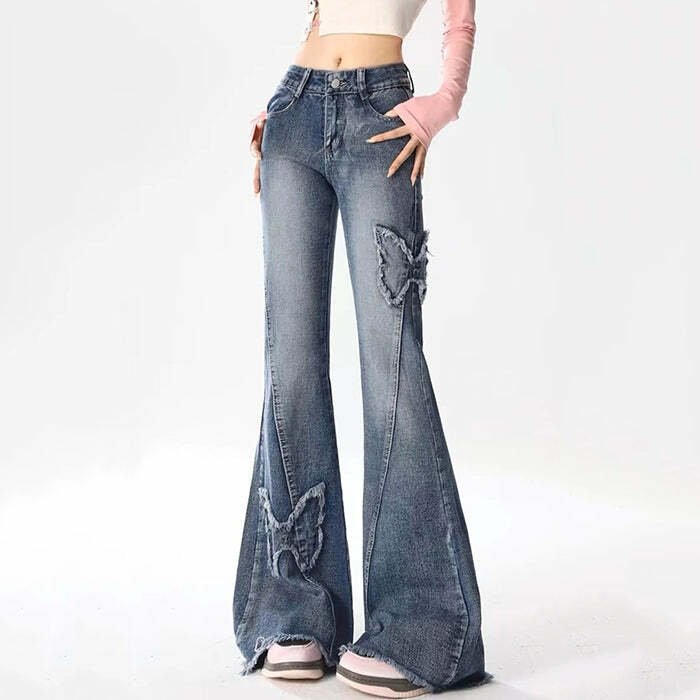 Y2K Butterfly Flare Jeans - Iconic 2000s Fashion Outfits for Trendy Women