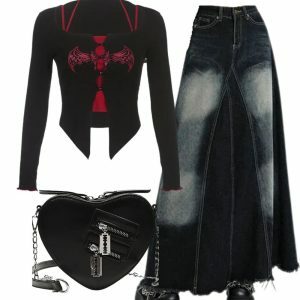 Y2k Outfit: Alt Goth Graphic Print T-shirt & Faded Black Maxi Skirt