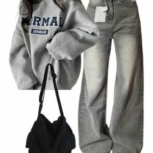 Y2k Outfit: Baggy Denim Pants, Oversized Graphic Sweatshirt & Black Bag