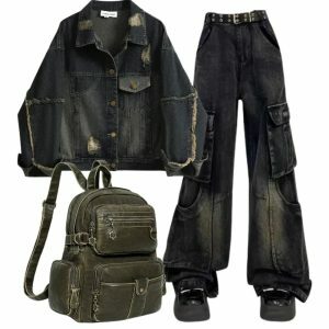 Y2k Outfit: Distressed Midnight Denim Jacket & Gothic Cargo Flare Jeans