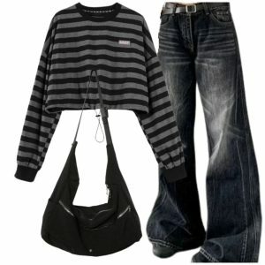 Y2k Outfit: Distressed Vintage Wide-Leg Jeans & Striped Sweatshirt Set