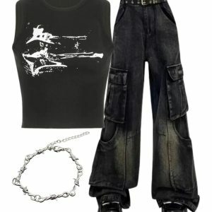 Y2k Outfit: Gothic Cargo Flare Jeans, Distressed Graphic Top & Bracelet