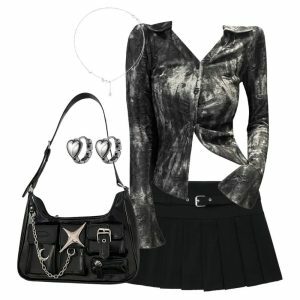 Y2k Outfit: Metallic Asymmetrical Blouse & Chic Zipper Skirt Set