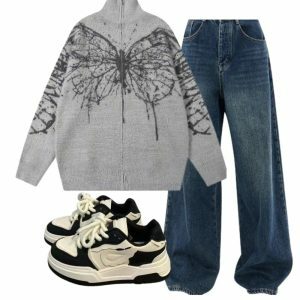 Y2k Outfit: Oversized Dark Wash Wide-Leg Jeans & Butterfly Grunge Sweater