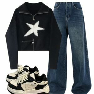 Y2k Outfit: Oversized Dark Wash Wide-Leg Jeans & Star Zip-Up Sweater