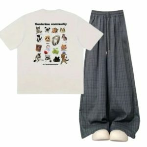 Y2k Outfit: Oversized Plaid Slouchy Pants & Playful Pet Print T-Shirt for 2000s Fashion