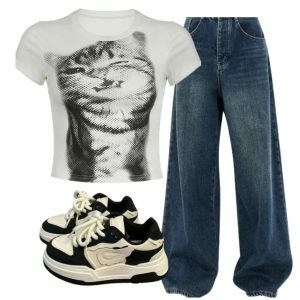 Y2k Outfit: Pixelated Cat Graphic Crop Top & Wide-Leg Jeans for 2000s Fashion