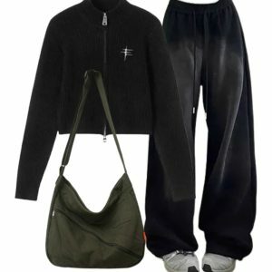 Y2k Outfit: Ribbed Zip-Up Turtleneck Sweater & Baggy Grunge Sweatpants