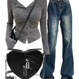 Y2k Outfit: Ruched Ribbed Cardigan & Vintage Flare Jeans for 2000s Fashion