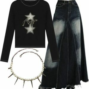 Y2k Outfit: Stellar Sparkle Top + Faded Black Maxi Denim Skirt + 2000s Fashion Pearl Spike Necklace