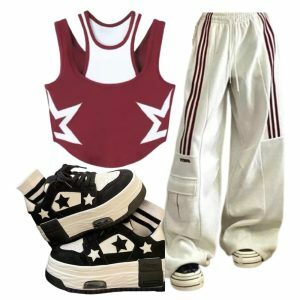 Y2k Outfit: Striped Cargo Pants, Racerback Crop Top & Star Skateboard Shoes