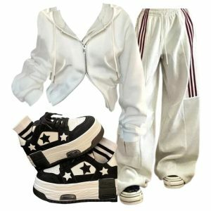 Y2k Outfit: Striped Cargo Spring Pants + White Zip Hoodie + Y2k Skate Shoes