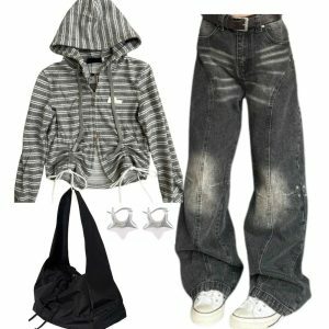 Y2k Outfit: Striped Cozy Zip-Up Hoodie & Washed Black Wide-Leg Jeans