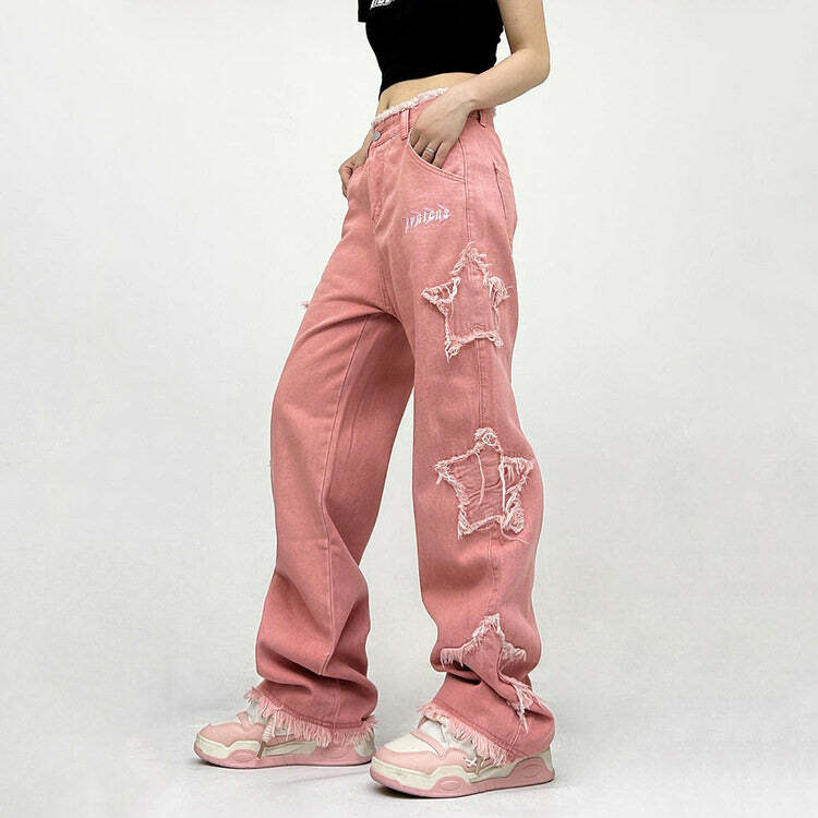 Y2K Pink Star Jeans - Trendy 2000s Fashion Outfit for Iconic Y2K Style