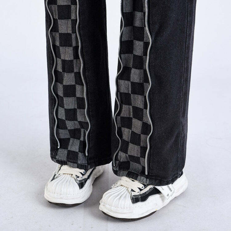 Zip Up Checker Jeans - Cute 2000s Outfits, Y2K Fashion Inspiration